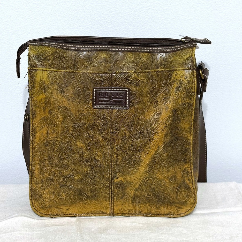 Relic Crossbody Bag Mustard Yellow Brown Paisley Embossed Faux Leather Messenger